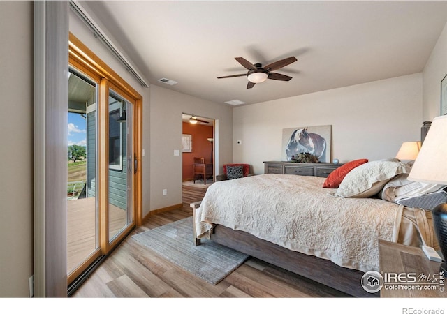 bedroom with ceiling fan, access to exterior, and light hardwood / wood-style floors