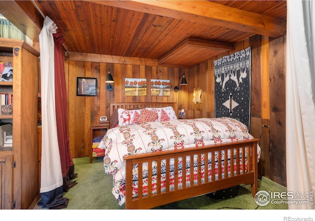 bedroom featuring carpet flooring, beamed ceiling, and wood walls