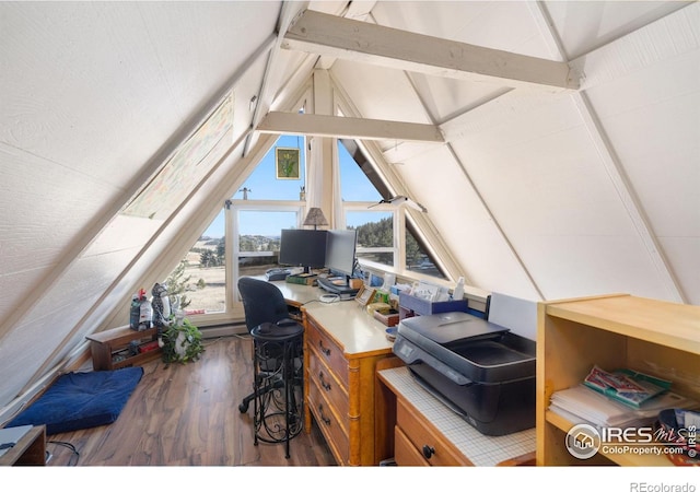 office with vaulted ceiling with beams and dark hardwood / wood-style floors