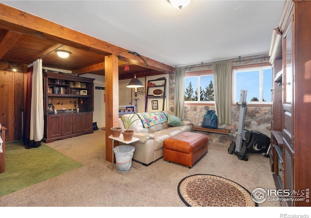 living room with light colored carpet and wooden ceiling