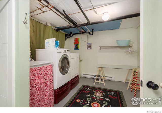 laundry area featuring baseboard heating and independent washer and dryer