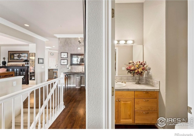 interior space featuring sink, decorative backsplash, dark hardwood / wood-style flooring, and crown molding