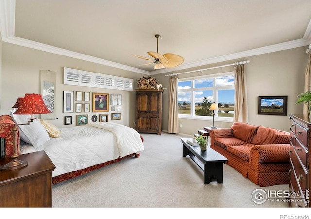 bedroom with ceiling fan, light colored carpet, and crown molding