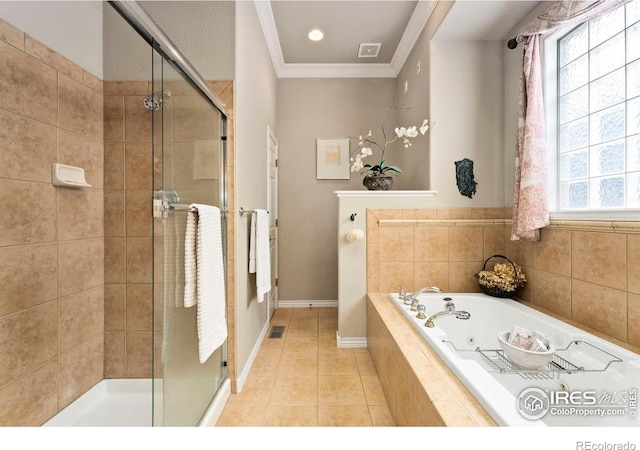 bathroom with tile patterned floors, separate shower and tub, and ornamental molding