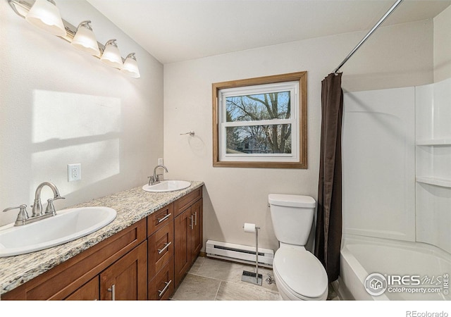 full bathroom featuring vanity, tile patterned flooring, toilet, baseboard heating, and shower / tub combo