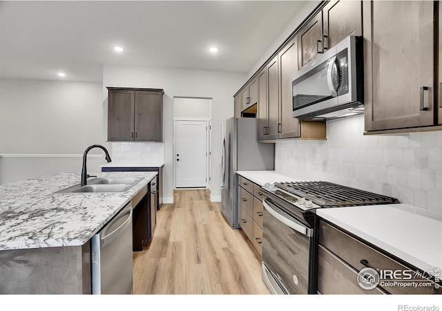 kitchen featuring decorative backsplash, appliances with stainless steel finishes, light hardwood / wood-style flooring, and sink