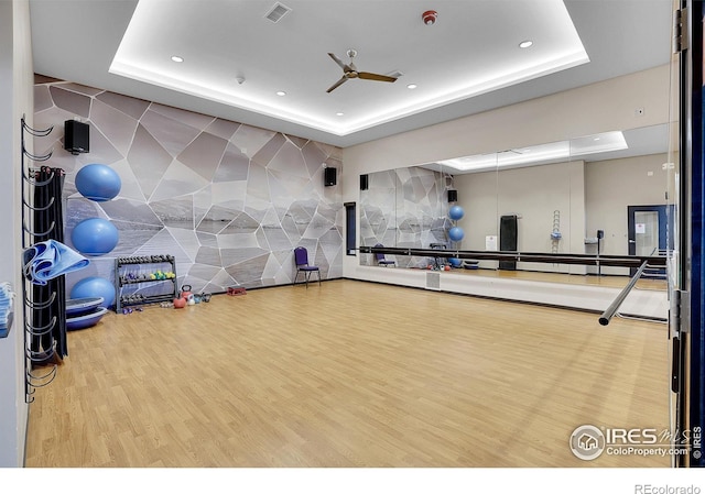 workout room with hardwood / wood-style floors, a tray ceiling, and ceiling fan