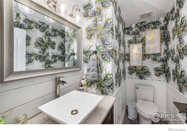 37001 Soaring Eagle Cir, Severance, CO 80550 - half bathroom featuring wallpapered walls, wainscoting, and a decorative wall