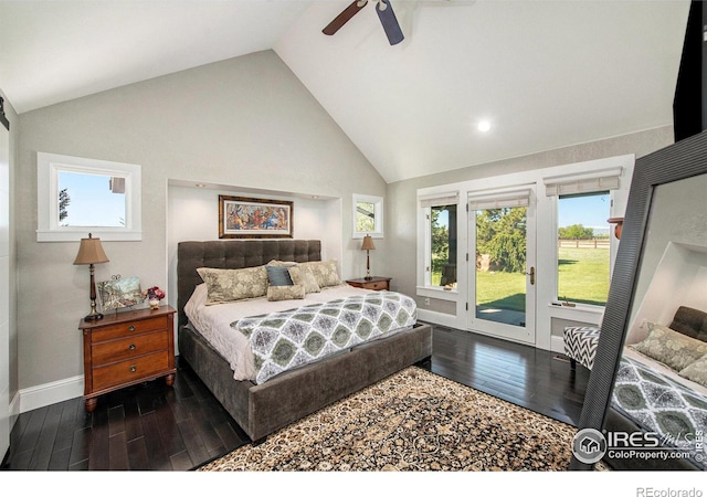 bedroom featuring access to exterior, lofted ceiling, ceiling fan, and dark wood-type flooring