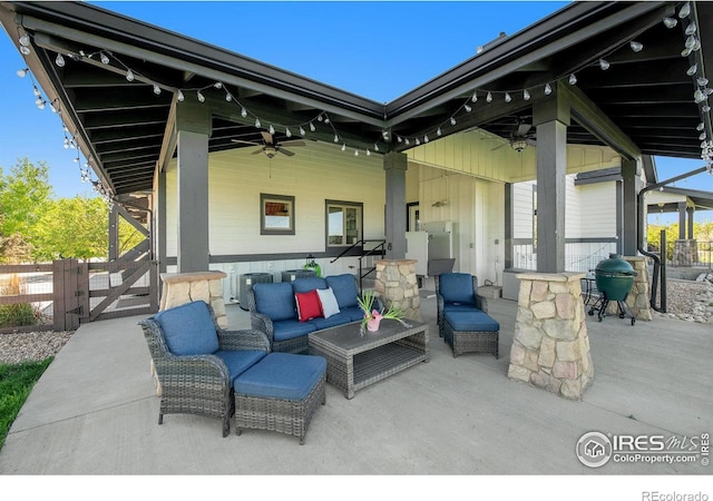 37001 Soaring Eagle Cir, Severance, CO 80550 - view of patio / terrace featuring a gate, ceiling fan, outdoor lounge area, and grilling area