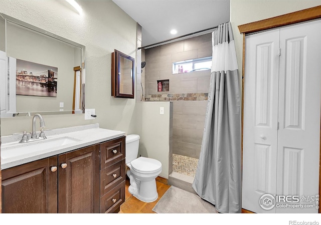 bathroom with toilet, vanity, and a shower with shower curtain