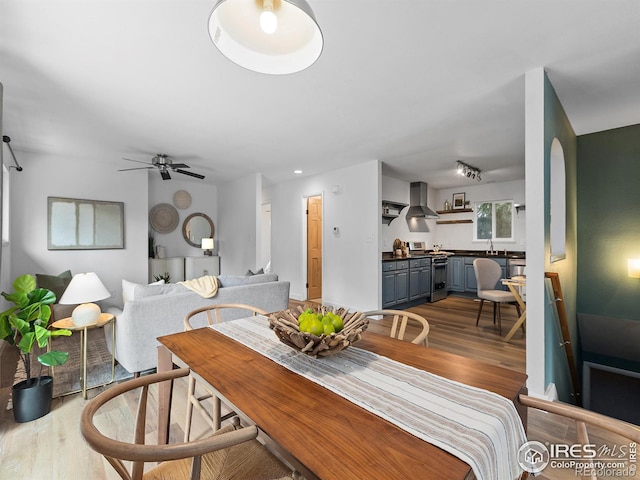 dining area featuring hardwood / wood-style floors and ceiling fan