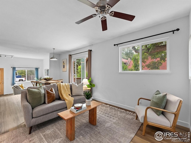 living room featuring wood-type flooring and ceiling fan