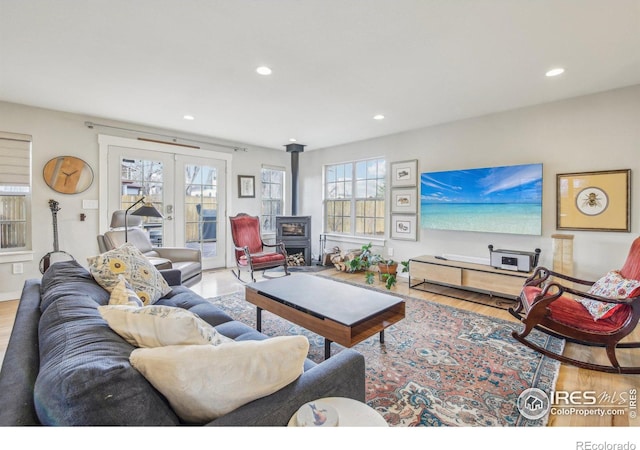 living room featuring light wood-type flooring and a wood stove