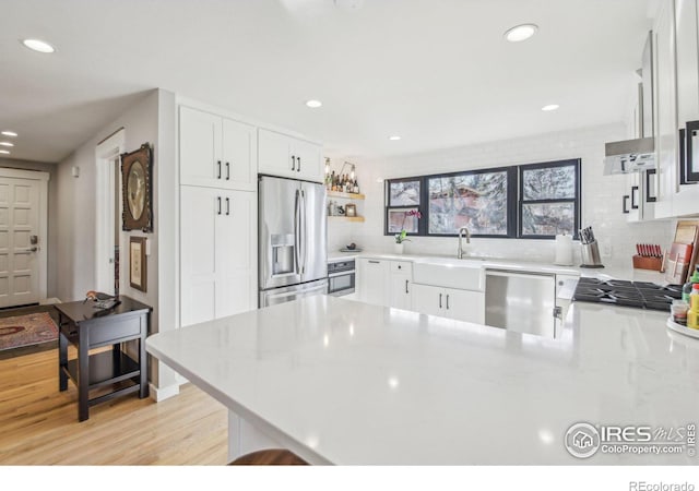 kitchen with appliances with stainless steel finishes, tasteful backsplash, white cabinetry, and sink