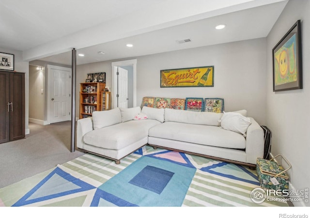 living room featuring light carpet