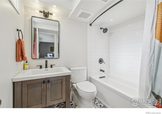 full bathroom featuring shower / bath combination with curtain, toilet, and vanity