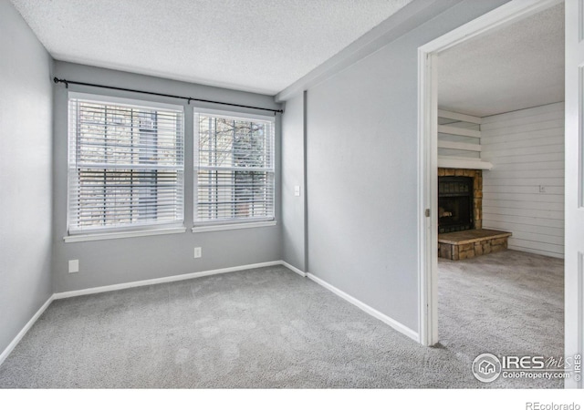 carpeted spare room with a textured ceiling and wooden walls