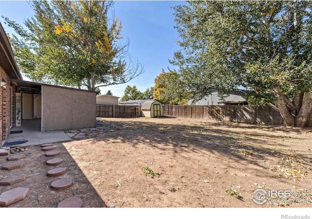 view of yard featuring a shed and a patio area