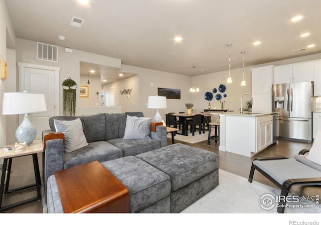 living room featuring sink and hardwood / wood-style flooring