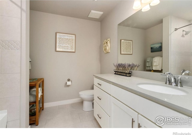 bathroom with a shower, tile patterned floors, vanity, and toilet