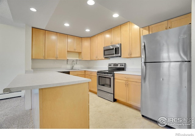 kitchen with appliances with stainless steel finishes, a sink, and light brown cabinetry