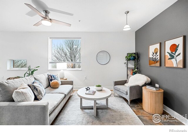 living room featuring ceiling fan