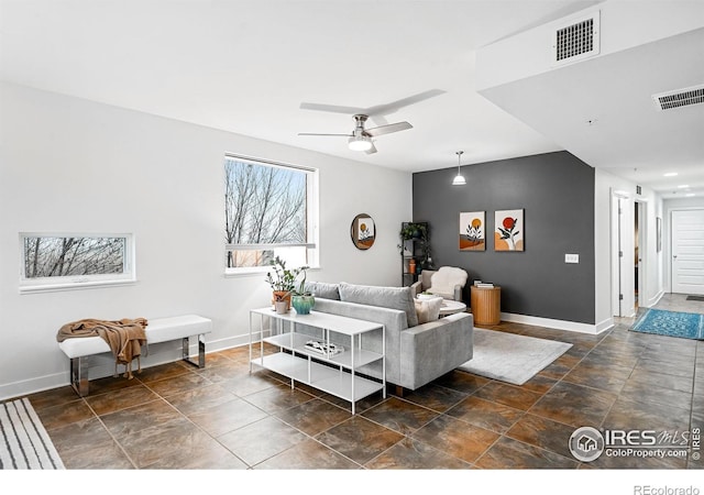 living room with ceiling fan