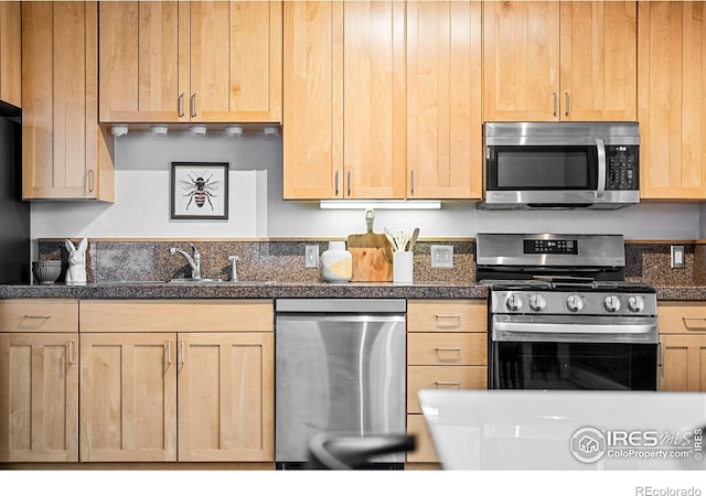 kitchen with sink, stainless steel appliances, and light brown cabinetry