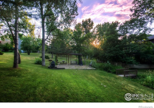 yard at dusk with a pergola