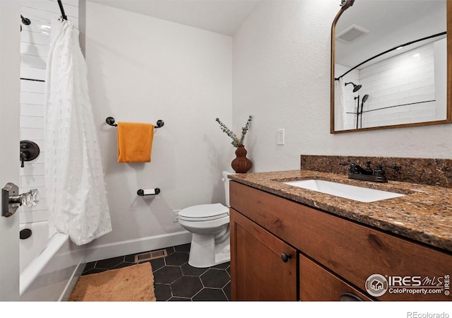 full bathroom featuring toilet, shower / bath combo, tile patterned flooring, and visible vents