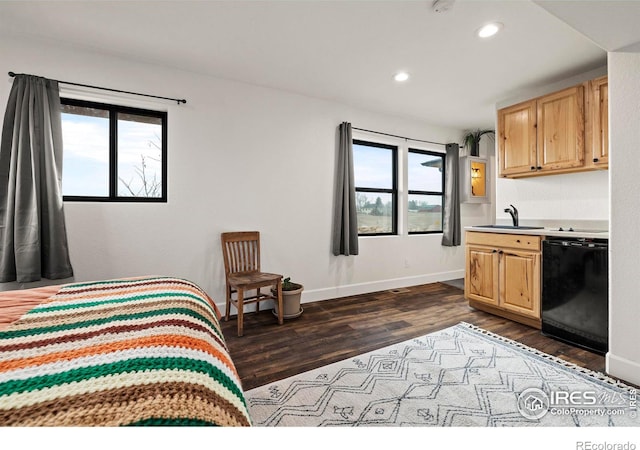 bedroom featuring baseboards, dark wood-type flooring, a sink, and recessed lighting