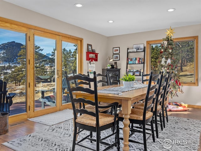 dining room featuring a mountain view and wood-type flooring