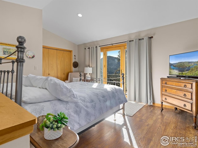 bedroom featuring vaulted ceiling, dark hardwood / wood-style flooring, access to outside, and a closet