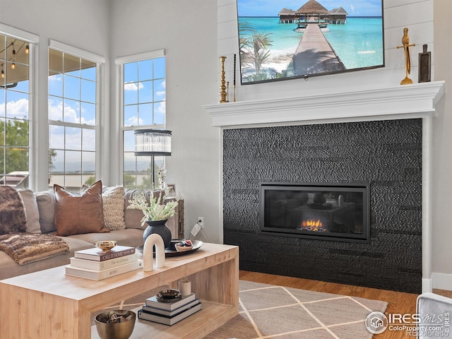 living room with hardwood / wood-style flooring and a tiled fireplace