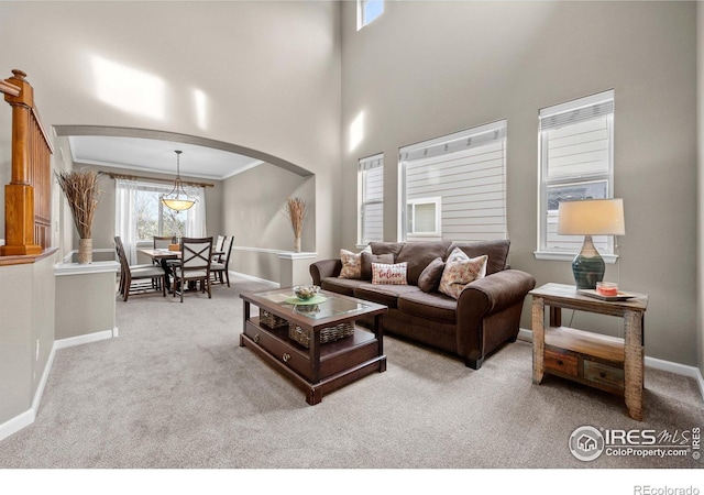 living room featuring light colored carpet and crown molding