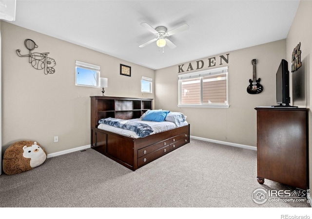 bedroom featuring carpet and ceiling fan