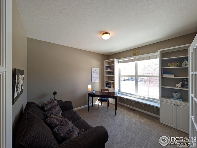 office with carpet flooring and a textured ceiling