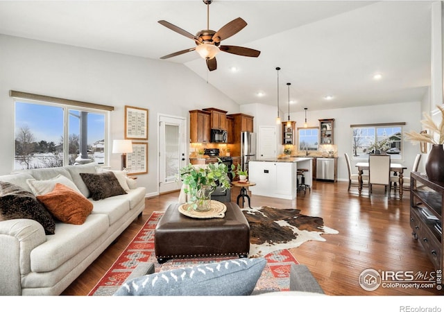 living room with lofted ceiling, dark hardwood / wood-style floors, and ceiling fan