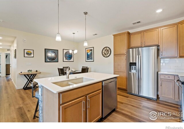 kitchen featuring backsplash, stainless steel appliances, sink, pendant lighting, and an island with sink