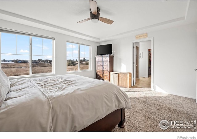 carpeted bedroom with ceiling fan and a tray ceiling