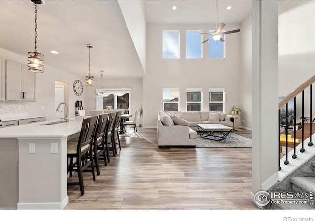 living room featuring sink, light hardwood / wood-style floors, and ceiling fan