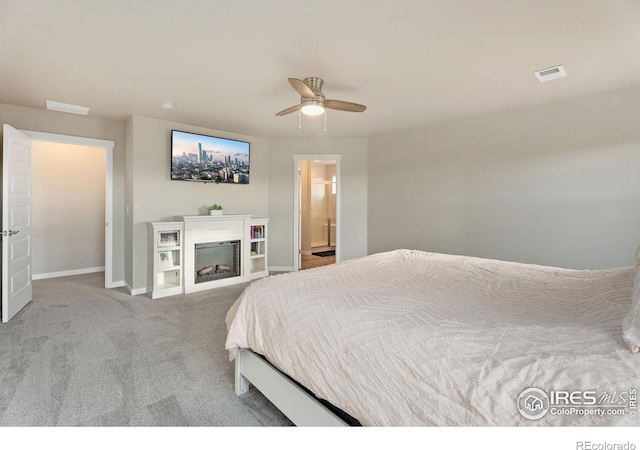 carpeted bedroom featuring ceiling fan