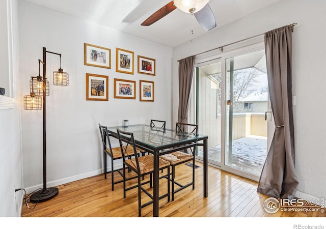 dining area featuring ceiling fan and light hardwood / wood-style floors