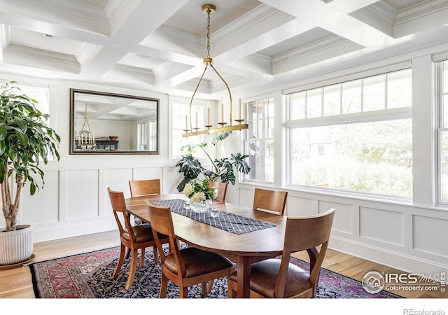 dining area featuring plenty of natural light, beamed ceiling, wood-type flooring, and coffered ceiling