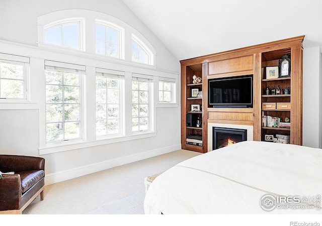 carpeted bedroom featuring lofted ceiling and multiple windows