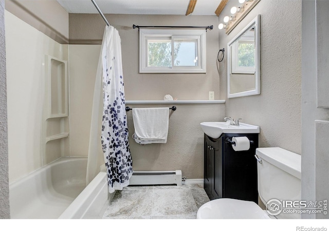 full bathroom with vanity, a healthy amount of sunlight, shower / bath combo, and toilet