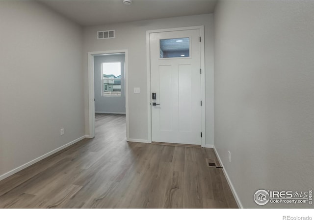 foyer entrance with light hardwood / wood-style flooring