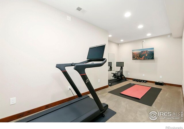 exercise area with light carpet