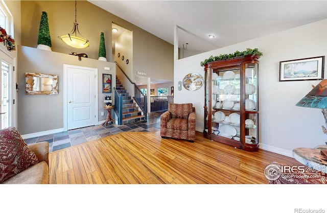 living room featuring a towering ceiling